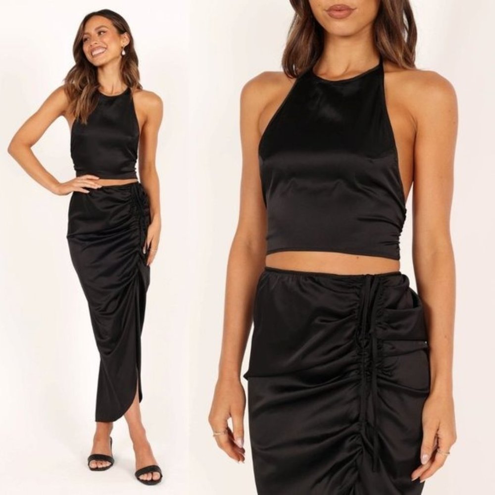 Petal & Pup Black Satin Midi Dress Set